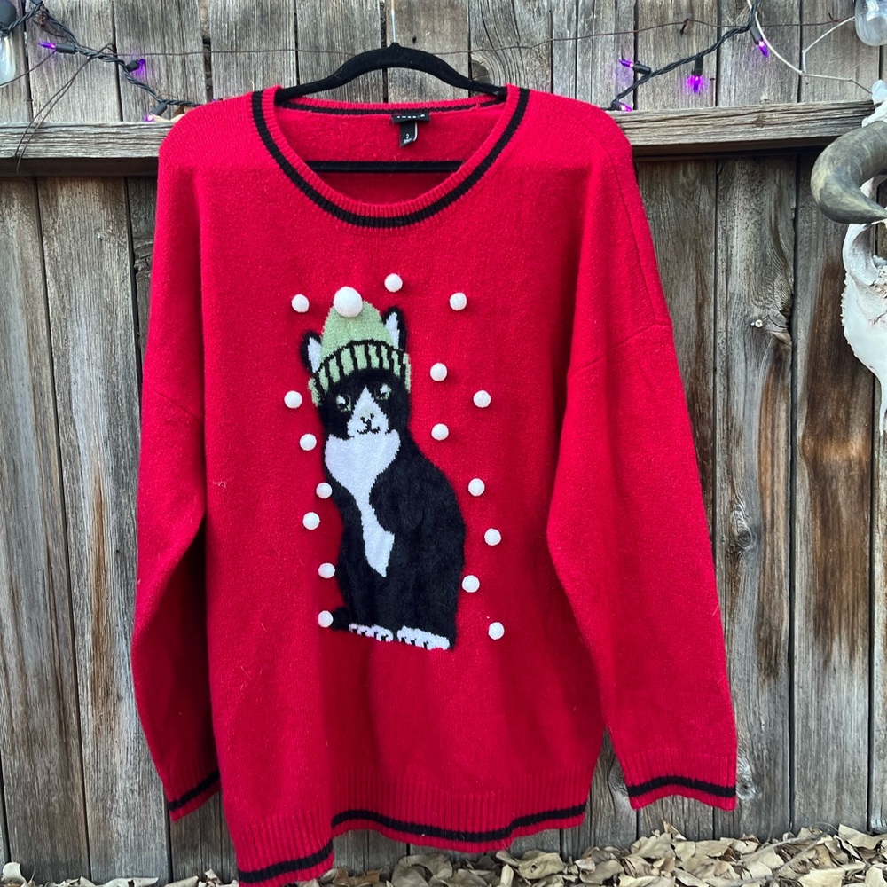 Red Christmas Tuxedo Cat Sweater 2x